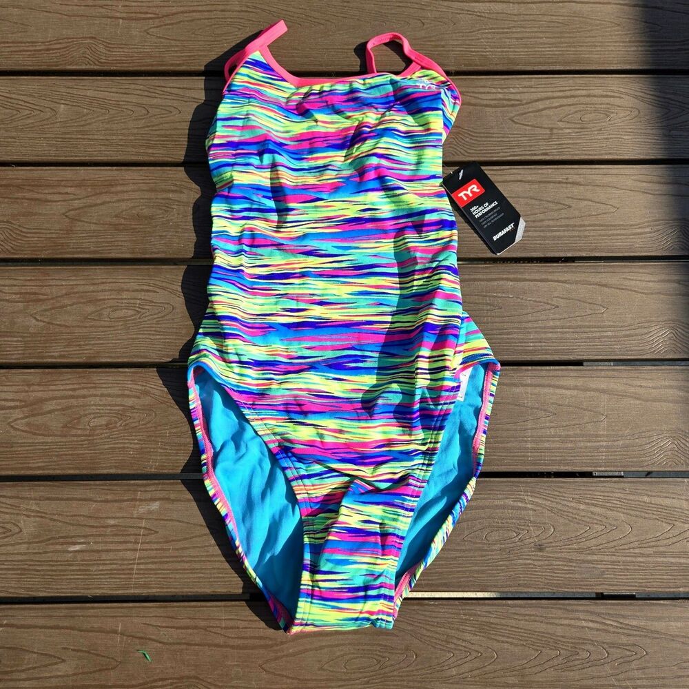 TYR DuraFast One Girl Bonzai Crosscut Tieback 1 pc Swim Blue/Multi Sz 26 New